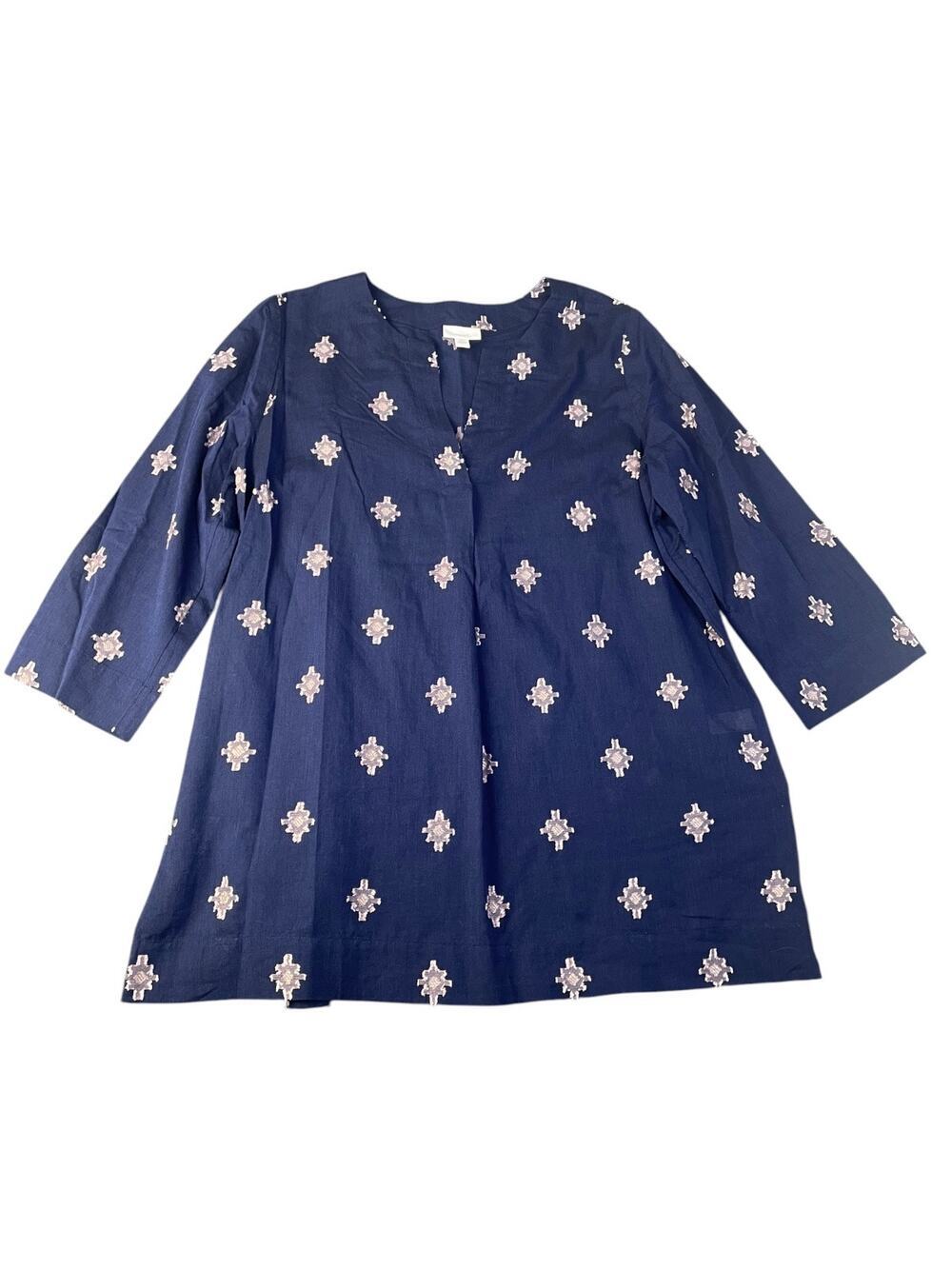 Pure Jill Women’s Large Navy Blue With Pink Embroidered Geometric Pattern Tunic